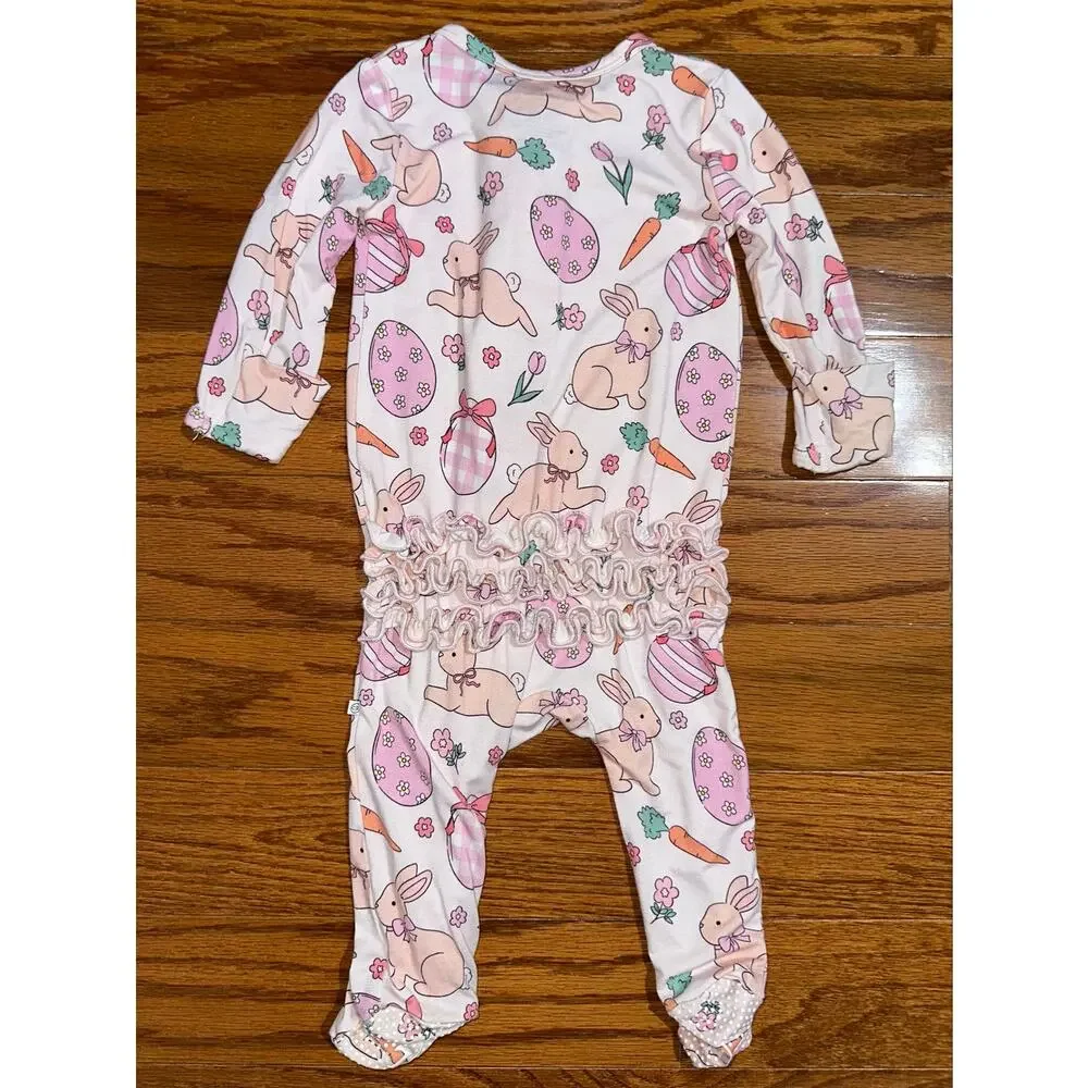 Caden Lane Hoppy Spring Easter Bunny Carrot Egg Ruffle Bamboo Zipper Footie 0-3M